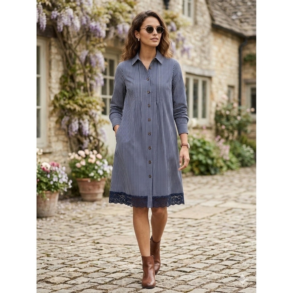 BUYKUD Navy White Striped Cotton Lace Trim Button Down Shirt Dress Long Sleeve
